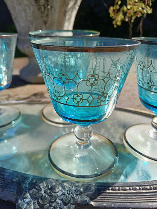 Set of 4x VintageT urqoise Stem  Glasses with a Silver/pewter  Tone Overlay