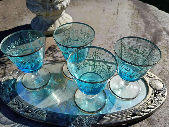 Set of 4x VintageT urqoise Stem  Glasses with a Silver/pewter  Tone Overlay