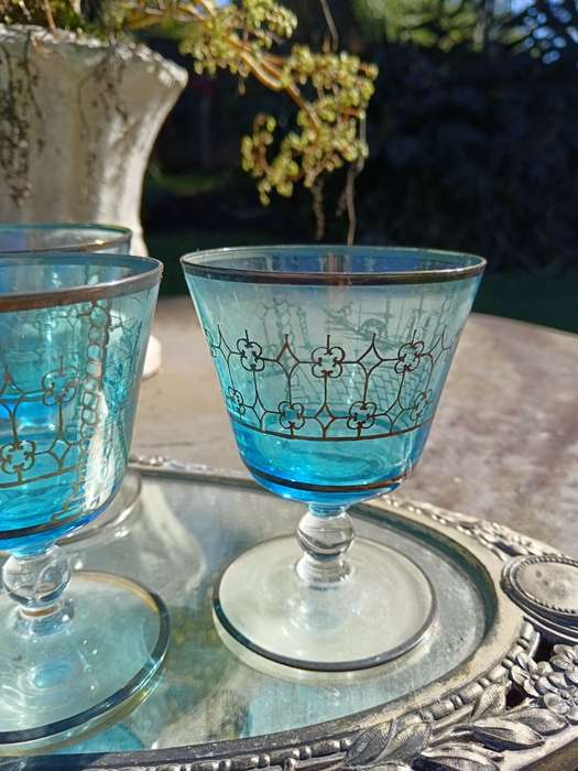 Set of 4x VintageT urqoise Stem  Glasses with a Silver/pewter  Tone Overlay