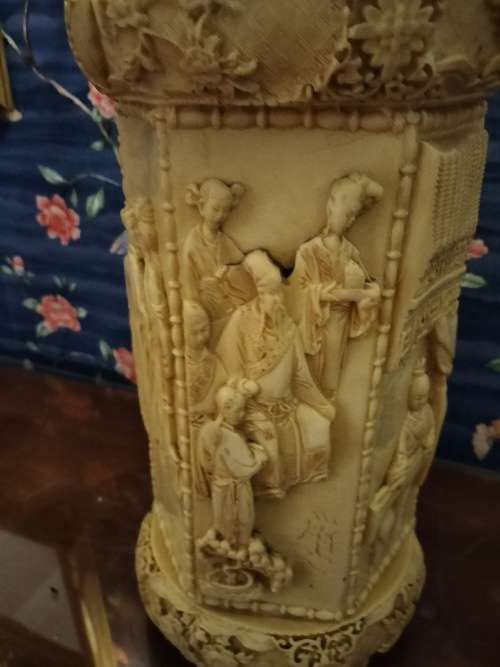 Vintage Unusual Chinese Carved Figural Group Vase/ Umbrella Stand