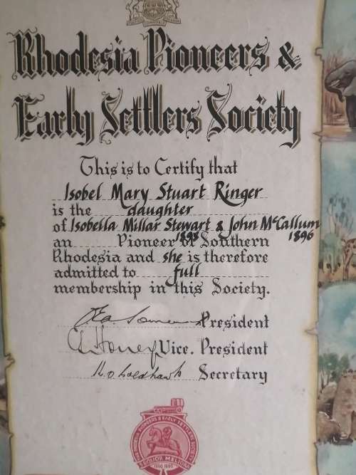 Rare Original Colored Certificate `Rhodesian Pioneers and Early Settlers Society`