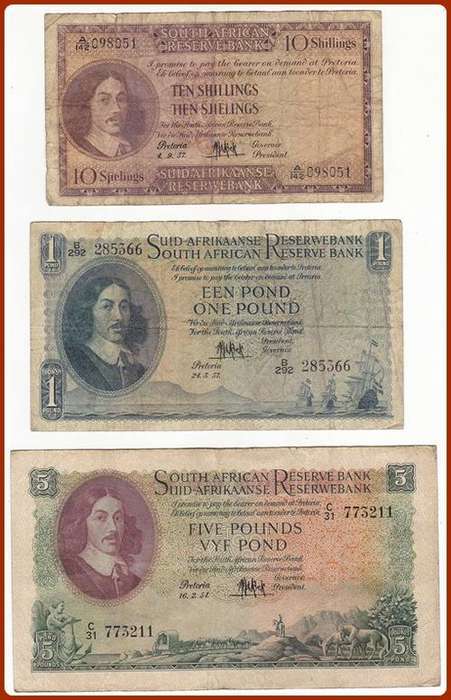 MH DE KOCK BANKNOTE SET - 10/-, 1 & 5 POUNDS - VG NOTES