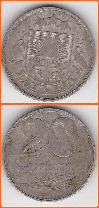 LATVIA - 1922 - 20 SANTIMI - KM# 5 - VG/F COIN
