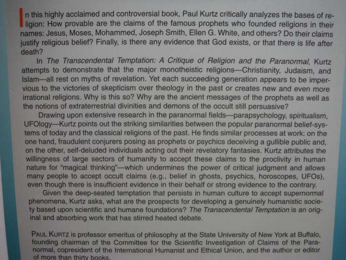 The Transcendental Temptation : A Critique of Religion and the Paranormal - Paul Kurtz