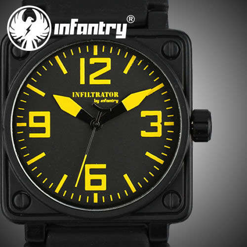 ***  INFILTRATOR New Fashion Yellow Quartz Sport Mens Black Rubber Wrist Watch