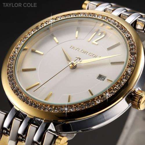 ***Taylor Cole Lady Silver/Gold Steel Band Bracelet Luxury Crystal Date Women Watch*TOP Brand
