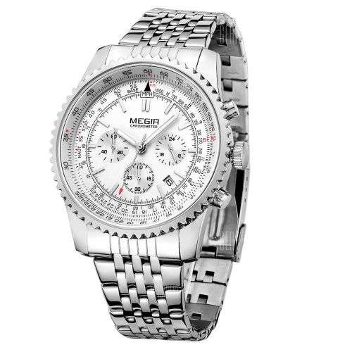 * Megir *Top Watch** All Steel Silver Luxury Men* 6 Hands * Quartz Wristwatch CHRONOGRAPH
