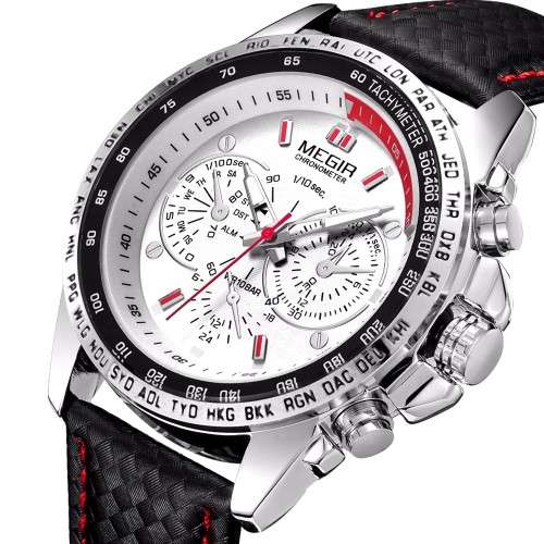 ** Megir Brand~M1010~ WHITE DIAL *Analog* Leather Strap Military Watches ~