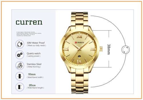 CURREN® 9007 LOVELY ALL STEEL LADIES AUTO DATE ROSE GOLD  QUALITY WATCH