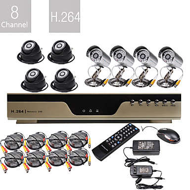 COMPLETE 8 CAMERA SYSTEM WITH H264 NETWORK DVR, 4 OUTDOOR AND 4 INDOOR CAMERAS AND 1000gb(1Tb)