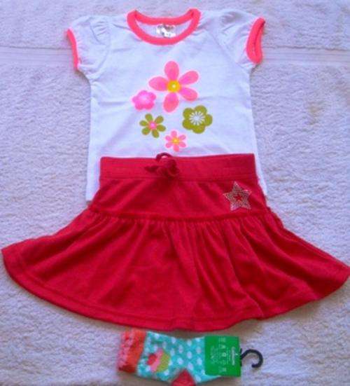 Matching Set -Baby Girl -Flower Top & Red  Skirt Suit + socks -6-12 Months-baby clothing