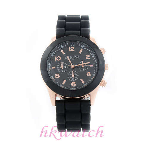 Geneva Black Crystal Silicone Watch with Gold