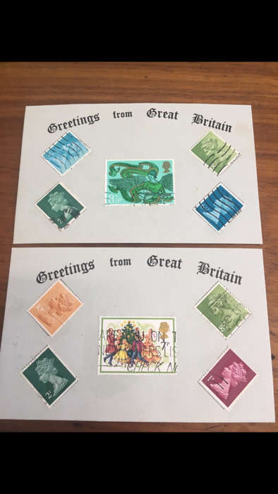 2 x Post Cards with 5 Stamps each - Greetings from Great Britain