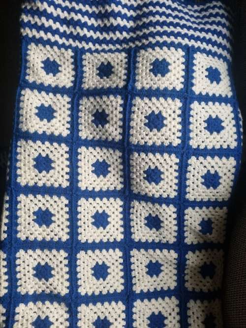 Very Large Blue and white Crochet Blanket - 2.28m x 1.83m