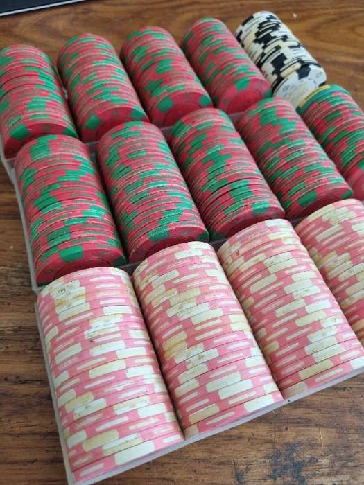 3 x Containers with Vintage Poker Chips - the Bud Jones Company - Casino suppliers - Las Vegas USA