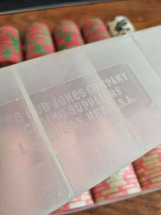 3 x Containers with Vintage Poker Chips - the Bud Jones Company - Casino suppliers - Las Vegas USA