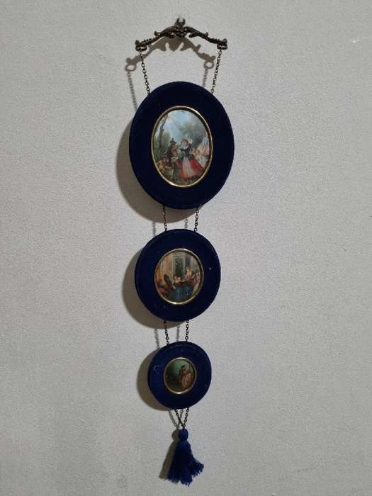 Vintage Portraits Ornate Trio Wall Hanging - Set in Blue velvet with brass top