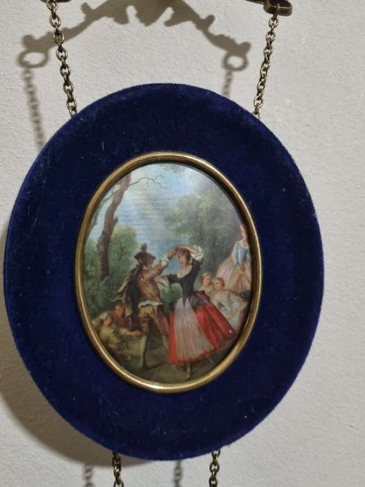 Vintage Portraits Ornate Trio Wall Hanging - Set in Blue velvet with brass top