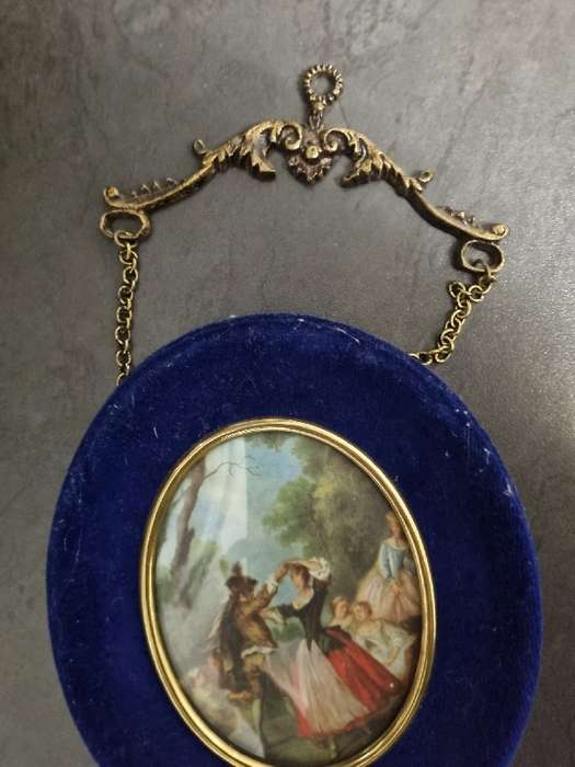 Vintage Portraits Ornate Trio Wall Hanging - Set in Blue velvet with brass top