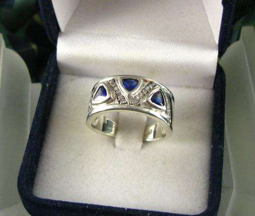 Unusual Wide Vintage 925 Sterling Silver Cluster Ring with Sapphires & CZ. Hand Made.