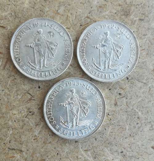 South Africa 1941, 1942 and 1943 Better Grade Shillings.