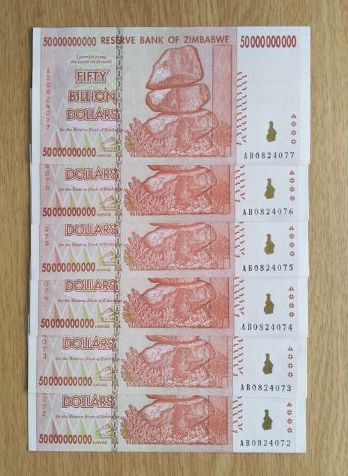 Zimbabwe 6 UNC Consecutive number Fifty Billion Dollars Bank Notes. (072-077)