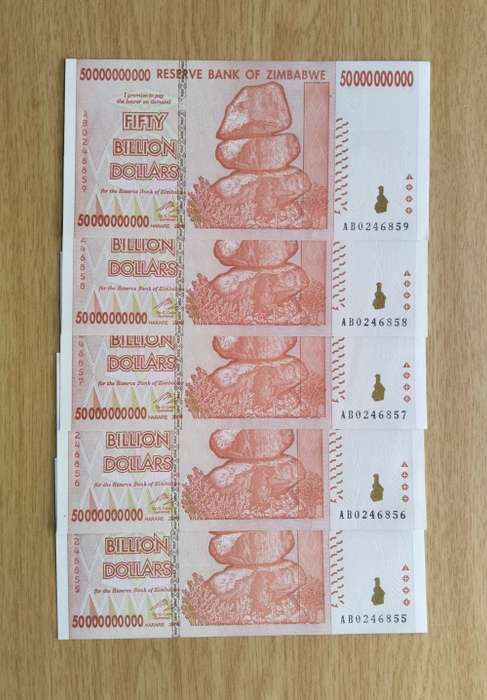 Zimbabwe 5 UNC Consecutive number Fifty Billion Dollars Bank Notes. (855-859)