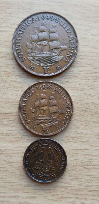 South Africa 1949 Penny, Half Penny and Quarter Penny.