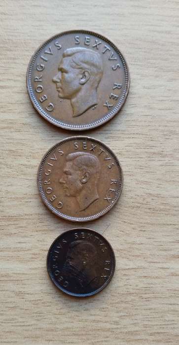 South Africa 1949 Penny, Half Penny and Quarter Penny.