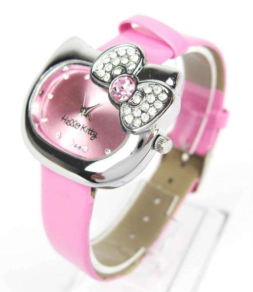 Pink Hello Kitty face shaped watch with crystal bow