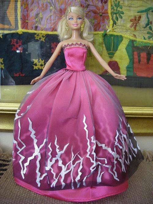 Barbie doll designer party dress pink satin silver streaks
