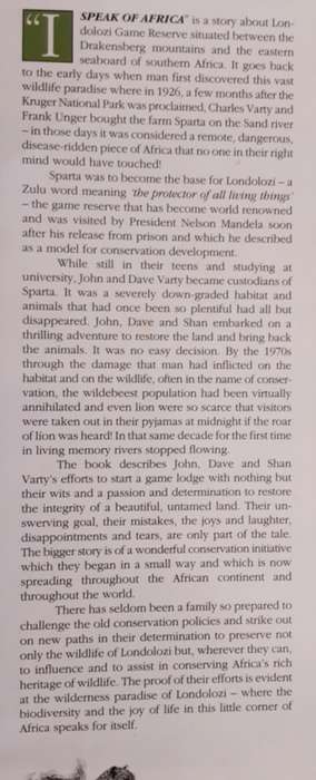 I Speak of Africa The Story of Londolozi Game Reserve by Shan Varty & Molly Buchanan **Subscriber Ed