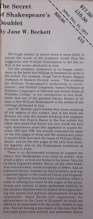 The Secret of Shakespeare`s Doublet by Jane W Beckett