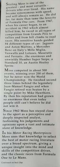 Stirling Moss`s Motor Racing Masterpieces, Classic Tales from the Track by Stirling Moss
