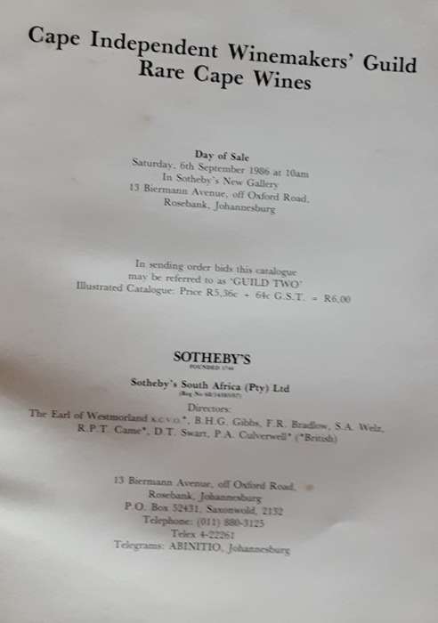 Cape Independent Winemaker`s Guild Rare Cape Wines catalogue Sotherby`s 6th Sept 1986