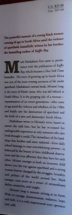 Miriam`s Song A Memoir by Miriam Mathabane as told to Mark Mathabane