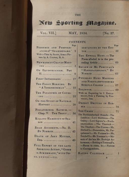 The New Sporting Magazine Vol VII May 1834 to October 1834 with index