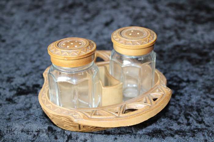 Vintage Italian Resin Salt and Pepper Set in Tray with Toothpick Holder.
