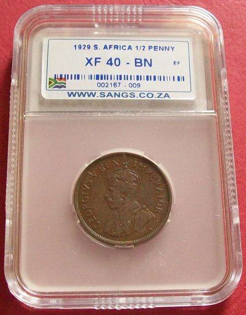 1929 Union South Africa Half penny 1/2p  - Graded XF 40 BN