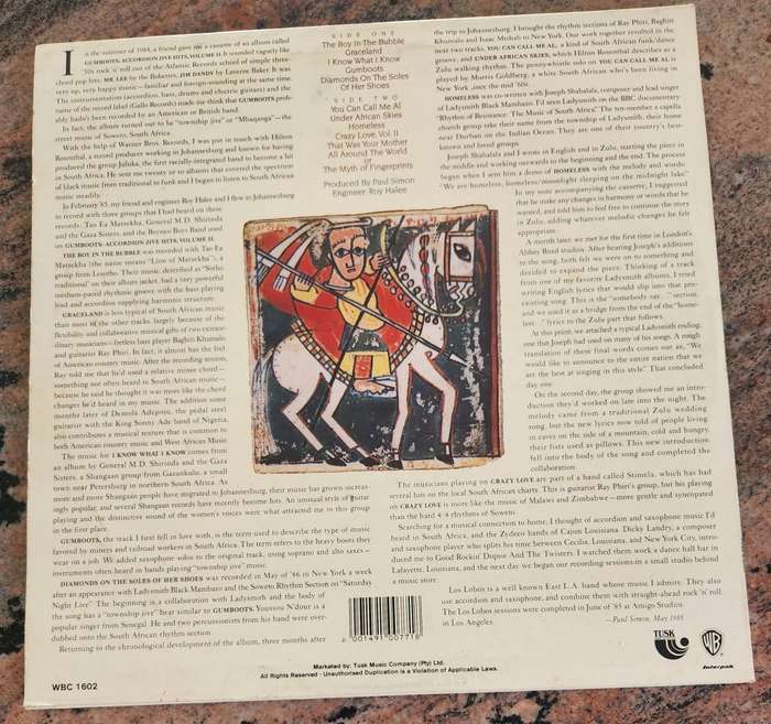 PAUL SIMON Graceland (VG+/VG+) Warner WBC 1602 SA Press 1986 - Lyrics inside