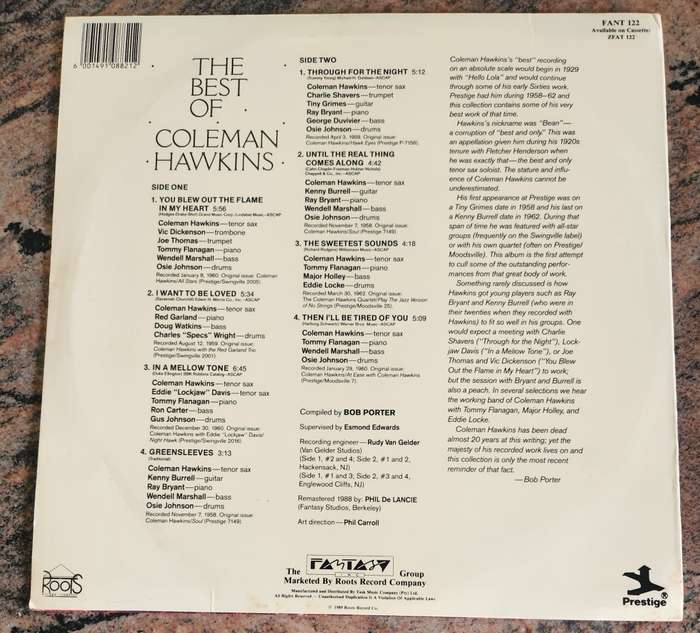 COLEMAN HAWKINS The Best Of (VG+/VG+) Prestige Roots Records FANT 122 SA Pressing 1989