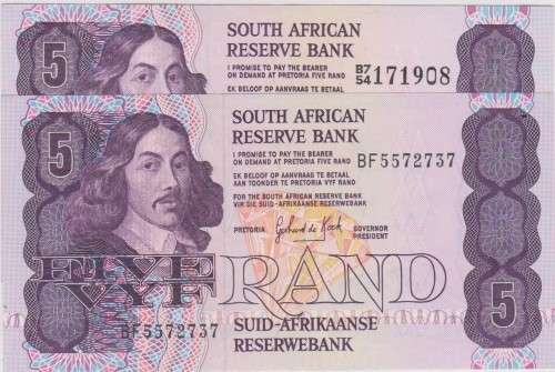 1983 RSA R5  x 2 G P C  de Kock bank notes in UNC grade No`s B7/54 and BF