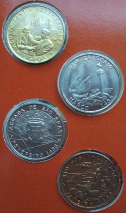 DIAS 88 Collector collection collect Set -Commemorative Coins money currency Bartolomeu Dias South African history unique 1988 500th anniversary voyage Cape navigate sea route Europe Indian Ocean three primitive sailing vessels carvels recordedt establishment Republic of South Africa Booklet languages Afrikaans, English Portuguese  SA Mint -Middelburg Steel and Alloys metal stainless steel Phalaborwa Mining Company and Copalcor copper bronze must have present gift closing soon bargain cheap low price bid buy auction special crazy wednesday friday weekend wacky set bulk lot notes