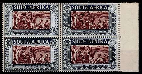 SWA 1938 SA Union Voortrekker Centenary 1½d+1½d overprinted right marginal block with flaw, fine UM