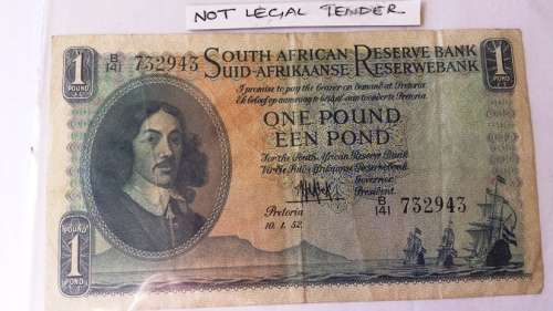 RARE AU DR, MICHIEL HENDRIK DE KOCK ONE POUND/EEN POND NOTE: E/A PREDOMINANCE. DATED 10.1.52.