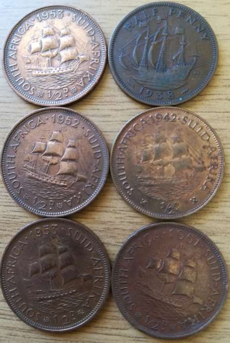 6 x UNION OF SOUTH AFRICA HALF PENNIES  INCLUDING THE SCARCER 1938. BID PER COIN FOR THE LOT.