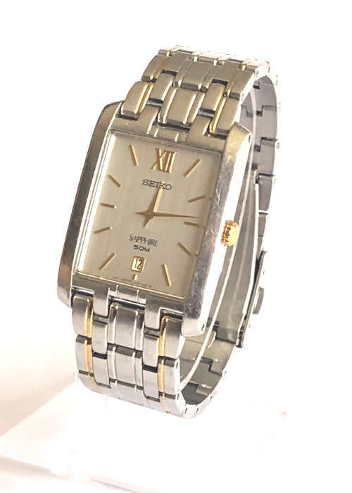 SEIKO QUARTZ MEN'S WATCH, SAPPHIRE 50 M WATERPROOF, TWO TONE, WITH DATE, WORKING PERFECTLY