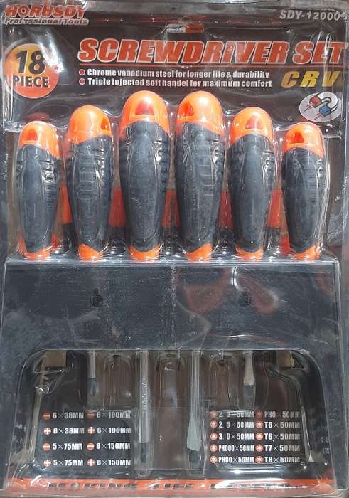 18 Piece Screwdriver Set, CRV, flat and star, sizes 38mm-150mm