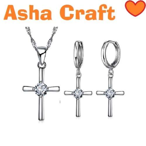Sparkling White CZ 925 Silver Necklace Earrings Jewellery SET