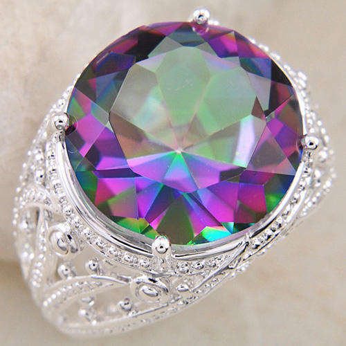 19.00ct Round cut Cr. Mystic Topaz 925 Silver Ring. Size 9 / S / 19mm